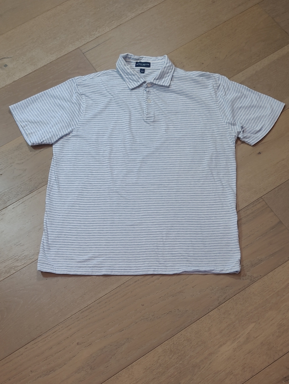 Peter Millar Polo Shirt Men's sz L Blue/White Striped Linen Blend Golf Polo